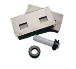 Two rectangular metal plates with square cutouts stack resembling the Justrite Drain Kit Sump-To-Sump. A cylindrical white rod sits with two black rubber grommets and 2 Clps, all isolated on a pristine white background.