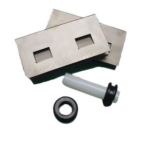 Two rectangular metal plates with square cutouts stack resembling the Justrite Drain Kit Sump-To-Sump. A cylindrical white rod sits with two black rubber grommets and 2 Clps, all isolated on a pristine white background.