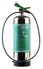 The Justrite H Efwsh Sc Press 2.9Gal is a sleek silver eyewash safety station canister with a green label and nozzle, featuring an eye with a cross and a flexible hose, perfect for emergency eye rinsing in industrial environments.