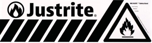 The black and white Justrite Label, Hazalert Flamm Band features the Justrite text with a flame icon. Diagonal stripes lead to a flame triangle indicating flammable material. prominently featuring the HAZ-ALERT™ Safety Band on the right side.
