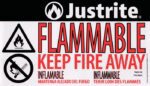 The Justrite Label, Hazalert Flamm, Sm features a warning with the Justrite logo, bold FLAMMABLE KEEP FIRE AWAY text, flame and crossed-out flame symbols. Translations: Spanish (INFLAMABLE MANTENGA ALEJADO DEL FUEGO) and French (INFLAMMABLE TENIR LOIN DES FLAMMES).