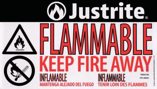 The Justrite Label, Hazalert Flamm, Sm features a warning with the Justrite logo, bold FLAMMABLE KEEP FIRE AWAY text, flame and crossed-out flame symbols. Translations: Spanish (INFLAMABLE MANTENGA ALEJADO DEL FUEGO) and French (INFLAMMABLE TENIR LOIN DES FLAMMES).