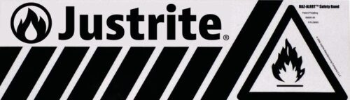 The image shows the Justrite logo with a flame and a warning triangle with a fire icon, set against the Hazalert Flamm Band in black and white stripes. Patent and regulation details are also included.