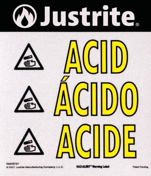 The Justrite Label, Hazalert Acid, Lg features the logo at the top. Below it, rows of Hazalert Acid symbols display a hand under water. The text ACID appears in English, Spanish (ÁCIDO), and French (ACIDE).