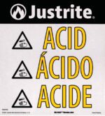 The Justrite Label Hazalert Acid sign, size small, prominently displays Acid in English, Spanish (Ácido), and French (Acide), alongside warning symbols of a hand and a test tube with liquid.