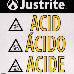 The Justrite Label Hazalert Acid sign, size small, prominently displays Acid in English, Spanish (Ácido), and French (Acide), alongside warning symbols of a hand and a test tube with liquid.