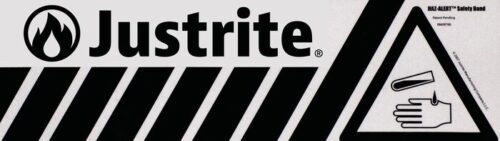 The Justrite logo appears next to a triangle warning sign depicting a hand near a falling object for caution. The striped background mirrors the distinctive style of the Justrite Label, Hazalert Acid Band, Sm for increased visibility.