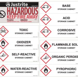 The Justrite Label Hazardous Cab offers a curated selection of labels for hazardous materials like Toxic, Corrosive, and Flammable Solid, each featuring a warning symbol and text to specify the material stored.