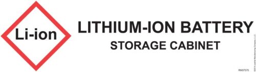 The Justrite Label Hazardous Cab Lithium Io displays a LITHIUM-ION BATTERY STORAGE CABINET title with a red diamond marked Li-ion, highlighting safety for hazardous lithium ion storage.