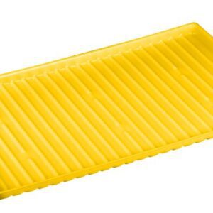 The Justrite Tray, Poly F/29939, is a yellow, rectangular plastic tray with a ridged surface, shown from a slight angle.