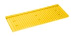 The Justrite Tray, Poly F/29937, 45G Yel is a yellow rectangular plastic tray with raised ridges and small indentations for easy item organization.
