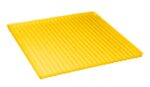 A yellow Justrite Tray, Poly F/29944 60G, features raised horizontal ridges and is viewed at a slight angle. Its glossy surface reflects light, and the slightly elevated edges add style.