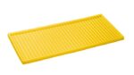 The Justrite Tray Top Poly,30/40/45,17Pb Yl mat boasts raised ridges and a striking yellow hue, angled against a pristine white background.