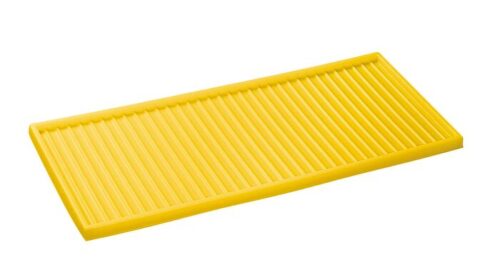 The Justrite Tray Top Poly,30/40/45,17Pb Yl mat boasts raised ridges and a striking yellow hue, angled against a pristine white background.