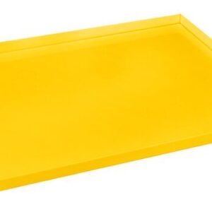 The Justrite Tray, Poly F/29945 in 90G Yel, with slightly raised edges, rests at an angle against the white background.