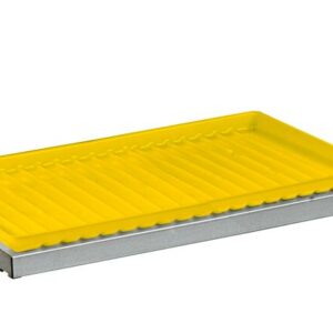 The yellow rectangular tray with a ridged surface on a sturdy gray metal base resembles the Justrite Shelf Splslp/Tray 12/15 22Gslm, ideal for organizing items. The flat base elevates the tray slightly, ensuring both stability and style.