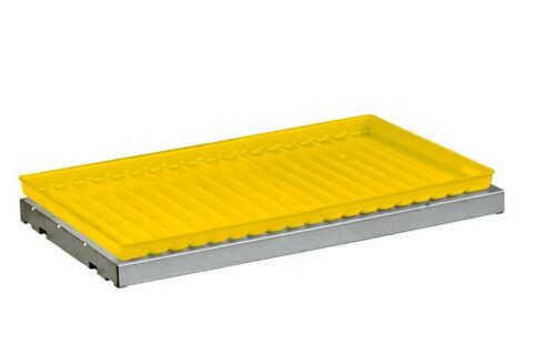The yellow rectangular tray with a ridged surface on a sturdy gray metal base resembles the Justrite Shelf Splslp/Tray 12/15 22Gslm, ideal for organizing items. The flat base elevates the tray slightly, ensuring both stability and style.
