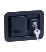 A close-up of a black rectangular locking hatch with a silver key from the Justrite Handle, Sure-Grip Ex Replacmt. Set against a neutral background, the key shines and hangs elegantly from the keyhole.