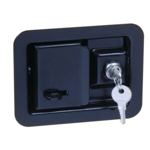 A close-up of a black rectangular locking hatch with a silver key from the Justrite Handle, Sure-Grip Ex Replacmt. Set against a neutral background, the key shines and hangs elegantly from the keyhole.