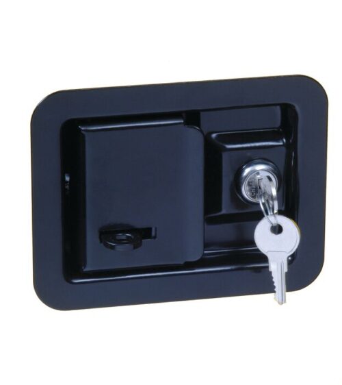 A close-up of a black rectangular locking hatch with a silver key from the Justrite Handle, Sure-Grip Ex Replacmt. Set against a neutral background, the key shines and hangs elegantly from the keyhole.