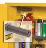 A Justrite Vaportrap Filter-equipped F/Cabinet (yellow) stores safety and aerosol cans. An inset shows the interior with an arrow highlighting the cylindrical mesh designed to capture vapors.