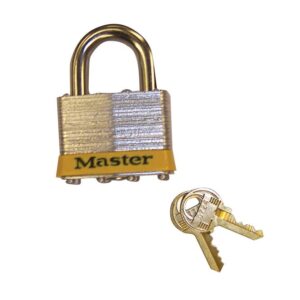 A robust Justrite Lock, Master 5, with a yellow stripe and Master 5 text is displayed next to two silver keys, highlighting its reliability.