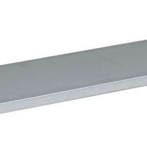 The Justrite Shelf Splslp, 17/30/40/45G is a sleek, flat, silver metal shelf featuring a smooth surface and thin profile with subtle grooves on the sides, set against a white background.