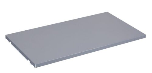The Justrite Shelf Splslp, Chemcor 23G, is a gray rectangular metal shelf with smooth edges viewed from a slight angle, adding a sleek touch to any space.