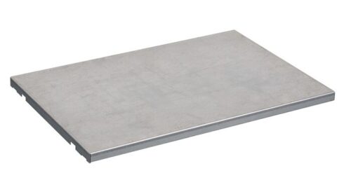 An overhead view reveals a sleek, rectangular metal plate with sharp edges in light gray, resembling stainless steel or aluminum. Its the Justrite Shelf Splslp, Fmhd 19G/30, displaying modern industrial design.