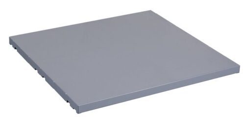 A square, flat, gray metallic panel similar to a Justrite Chemcor Shelf-60 Gal Spilslope is set against a white background. Its smooth surface and slightly raised edges evoke precise Spilslope design.