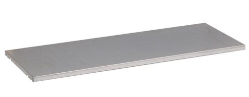 A flat, rectangular metal sheet with the smooth, uniform finish of a Justrite Shelf Splslp, Fmhd 31G/48, is displayed on a plain white background. Its slightly visible edges enhance its minimalist appeal.
