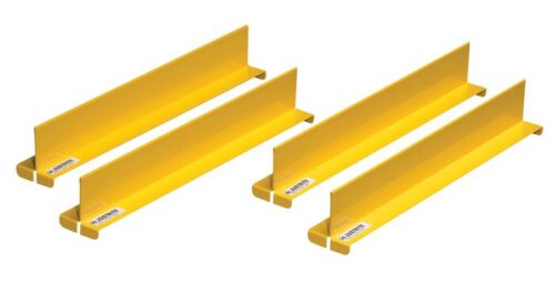 The Justrite Dividers F/Shlf, Set/4, 14 Yl comprises four identical yellow metal shelf brackets arranged in pairs. Each bracket features a flat horizontal platform with vertical supports and small labels on the front to secure shelving units effectively.