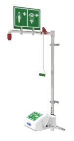 The Justrite H,Cmbshwr,Wlmnt,Cld Abs Bwl,Ss emergency safety shower and eye wash station is marked with green signs for body and eye washing, featuring a pull handle for rapid activation. Made from durable metal, it is perfect for industrial or laboratory settings.