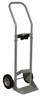 A gray hand truck with two wheels, sturdy metal frame, and ergonomic curved handle is perfect for transporting Justrite Gcyl Ht,1Cyl,Spt containers. The base platform easily supports various items during transit.