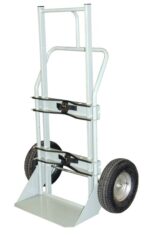 The Justrite Cyl Ht,1Cyl,Fpt,16 is a two-wheeled hand truck with a light gray metal frame and black wheels. It features a flat base for lifting objects and dual handles for easy maneuvering. Its 16-inch sturdy, textured tires provide superior grip.