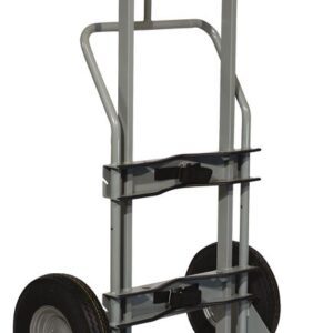The Justrite Gcyl Ht,1Cyl,Fft gray metal hand truck features two large black rubber wheels, a sturdy handle, and a flat base. Its perfect for safely transporting items with an adjustable clamping mechanism on the vertical support.