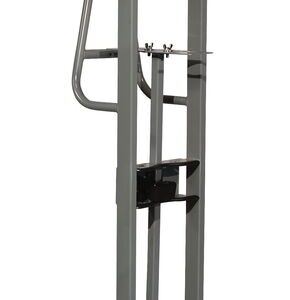 An image showcases a vertical Justrite Gcyl Ht hand truck with two wheels and a looped handle, perfect for maneuvering. It features a flat base designed to carry objects efficiently.