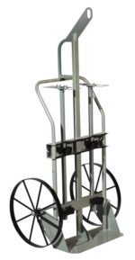 The Justrite Gcyl Ht,2Cyl,Hr,Stw is a sturdy gray two-wheeled hand truck with a tall handle and metal bars for support, ideal for HR departments heavy file transfers. Its large black wheels ensure effortless transportation of heavy items.