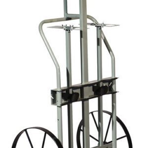 The Justrite Gcyl Ht,2Cyl,Hr,Stw is a sturdy gray two-wheeled hand truck with a tall handle and metal bars for support, ideal for HR departments heavy file transfers. Its large black wheels ensure effortless transportation of heavy items.