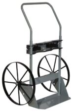 The Justrite Gcyl Ht,2Cyl,Stw gray metal dolly with two black spoked wheels and a curved handle is perfect for heavy-duty tasks. Its sturdy frame and central support bar ensure efficient transport of hefty items.