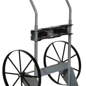 The Justrite Gcyl Ht,2Cyl,Stw gray metal dolly with two black spoked wheels and a curved handle is perfect for heavy-duty tasks. Its sturdy frame and central support bar ensure efficient transport of hefty items.