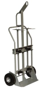 The Justrite Gcyl Ht,2Cyl,Hr,Fpt,10 is a gray hand truck with Fpt and two wheels, featuring a tall metal frame and top handle. Brackets halfway up secure items efficiently on its flat base for swift delivery of 10 items.