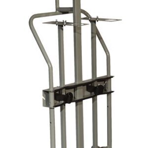 The Justrite Gcyl Ht,2Cyl,Hr,Fpt,10 is a gray hand truck with Fpt and two wheels, featuring a tall metal frame and top handle. Brackets halfway up secure items efficiently on its flat base for swift delivery of 10 items.