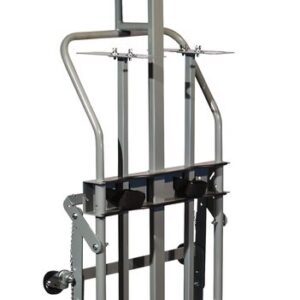 The Justrite Gcyl HT features an adjustable support structure, two wheels, and sturdy handles with a robust frame ideal for heavy-duty moving tasks. It comes in a metallic gray finish.