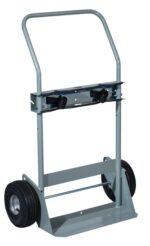 The Justrite Gcyl Ht,2Cyl,Fpt,10 hand truck has large black wheels, a flat platform base, and a sturdy curved handlebar for easy maneuvering.