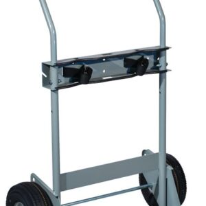 The Justrite Gcyl Ht,2Cyl,Fpt,10 hand truck has large black wheels, a flat platform base, and a sturdy curved handlebar for easy maneuvering.