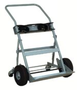 The Justrite Gcyl Ht,2Cyl,4W,Fpt,10 is a metal utility cart with a handle and two large rubber wheels. It features a sturdy frame reinforced with crossbars and chains for heavy-duty tasks, making its flat base ideal for transporting gas cylinders or similar loads seamlessly.