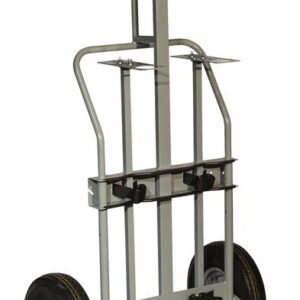The Justrite Gcyl Ht,2Cyl,Hr,Fpt,16 hand truck has large rubber wheels and a sturdy frame with handle grips. Its vertical back and bottom nose plate assist lifting, while straps keep items secure during transport.