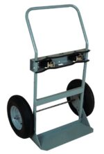 A blue hand truck with a curved handle, flat base, and two black wheels resembles the sturdy design of the Justrite Gcyl Ht,2Cyl,Fpt,16.