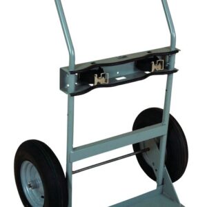 A blue hand truck with a curved handle, flat base, and two black wheels resembles the sturdy design of the Justrite Gcyl Ht,2Cyl,Fpt,16.